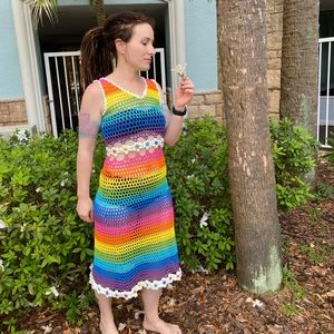 HANDMADE Crochet Bathing Suit Cover Up Cotton Rainbow Mesh Dress
